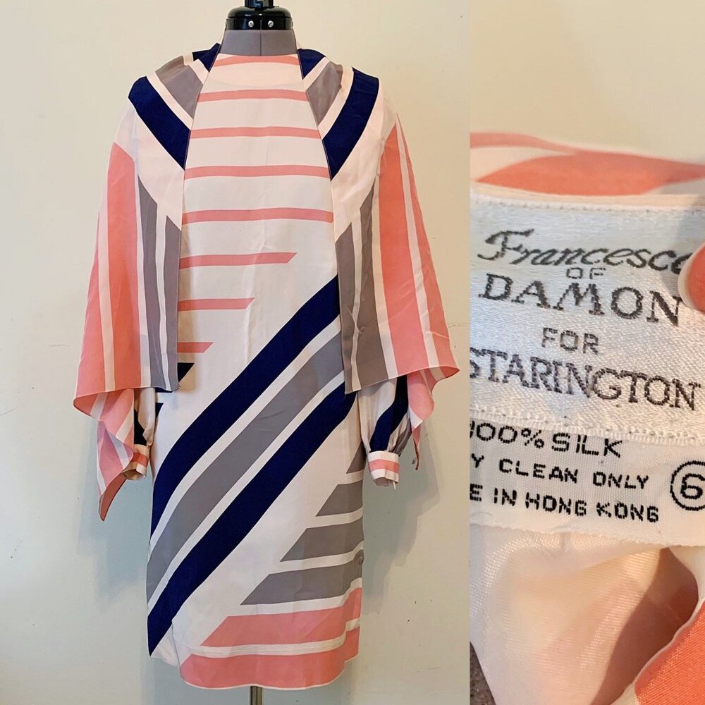 SMALL Size 6 | 80s Francesca of Damon Pink Striped Geometric Print Silk Dress